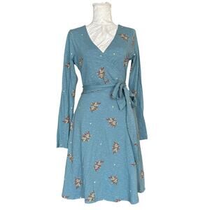Dusty Blue Floral Ditsy Print Long Sleeve Wrap Midi Dress Pockets Tencel Small